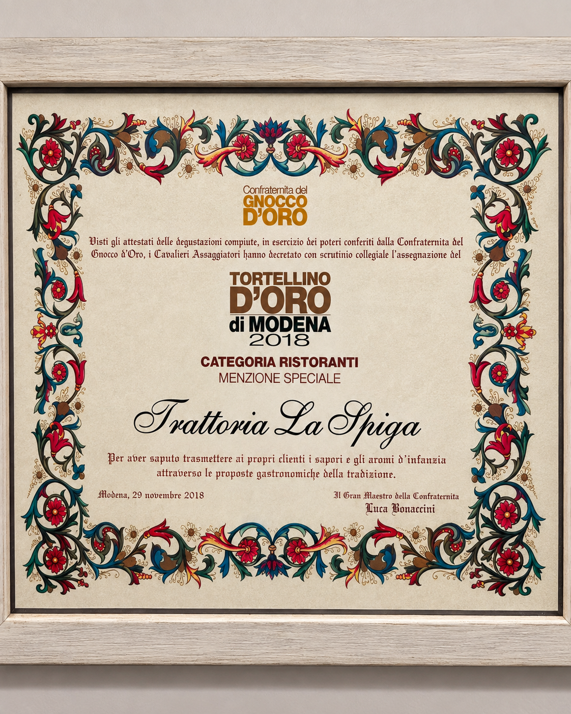 Diploma Tortellino d'Oro di Modena 2018 della Trattoria La Spiga